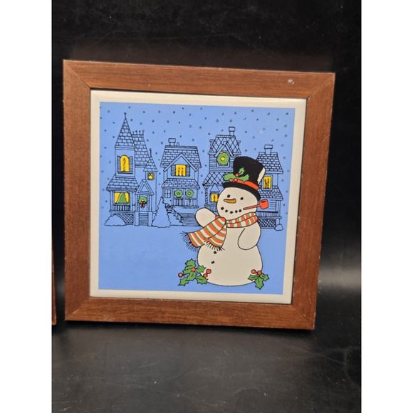 Trivets 2 Jasco Christmas Tree & Snowman Tile Wood Framed 5.25 Inch Square Vtg - Picture 6 of 12